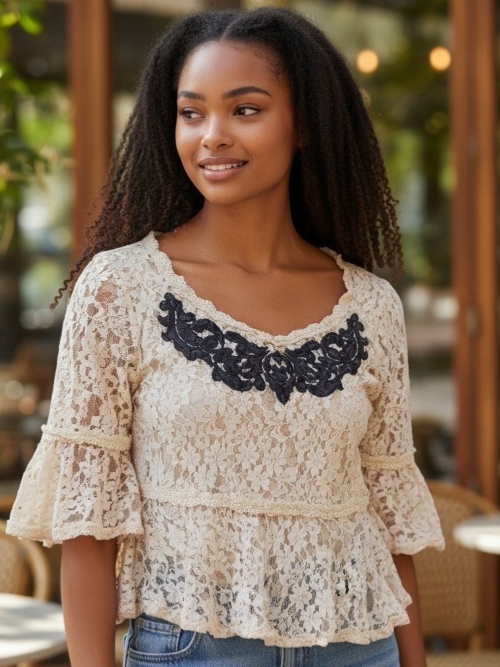 Free People Cream Lace Peplum Top Black Applique Small #BL38